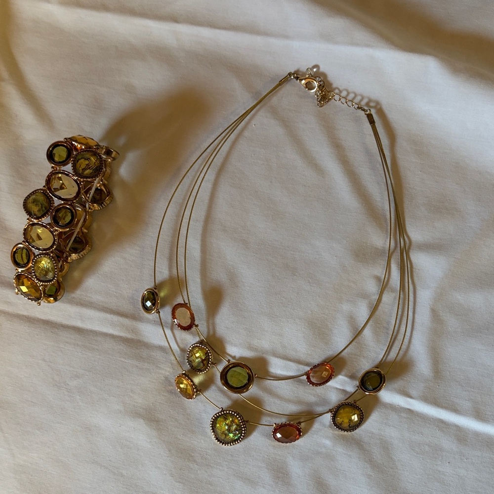 Gold-Tone Multi-Stone Layered Necklace and Bracelet Set - Green and Amber Stones